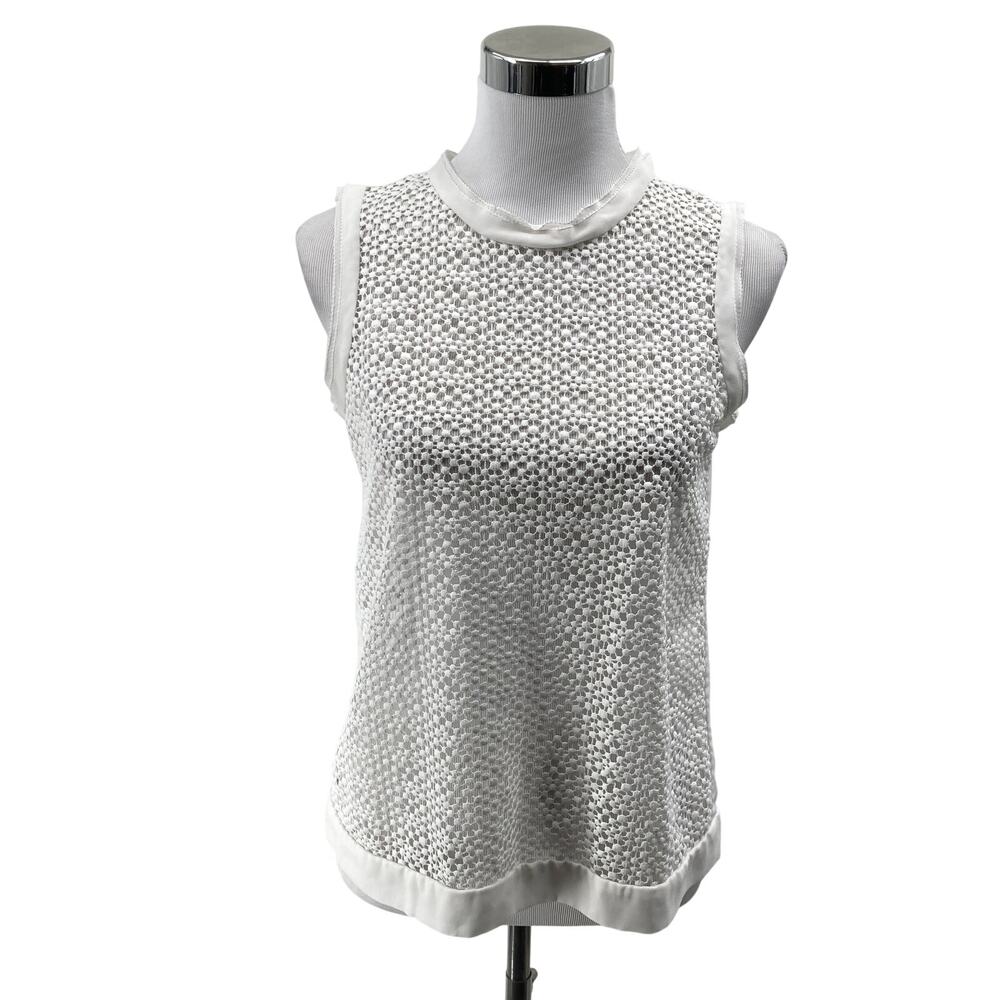 Banana Republic Women's XS White Sheer Mesh Sleeveless Blouse High Neck Career
